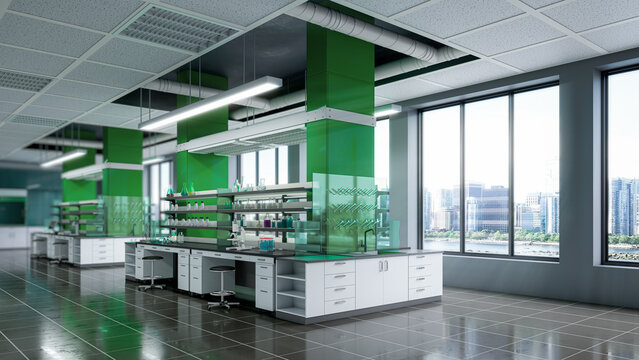 Modern laboratory workspace with microscope and chemical glassware and blurred background. 3d illustration