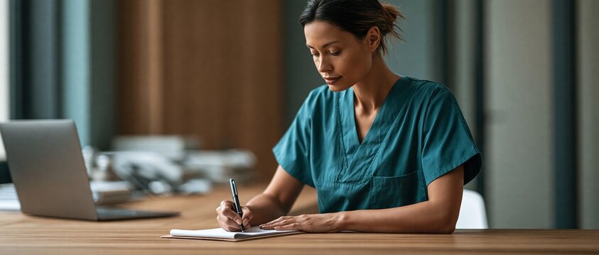 lifestyle photograph of a focused female medical professional wearing teal scrubs, sitting at a wooden desk writing notes on a clipboard with a pen next to a laptop in a modern clinic office.