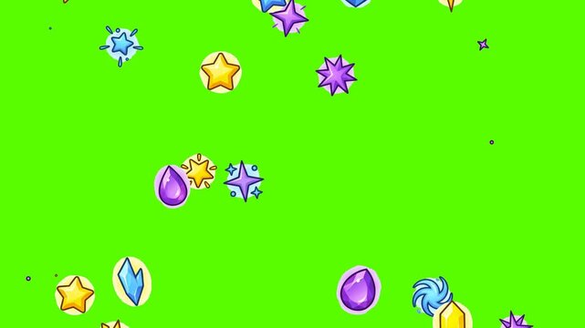 Colorful cartoon style stars and sparkles floating on a vibrant green background.