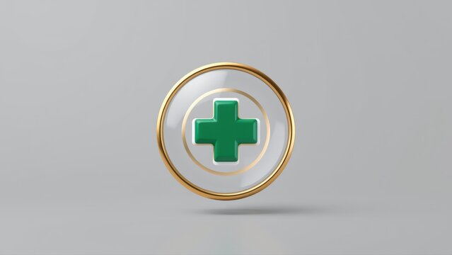 Green plus symbol inside golden circular frame. Glossy reflection visible on surface, simple design, medical icon.
