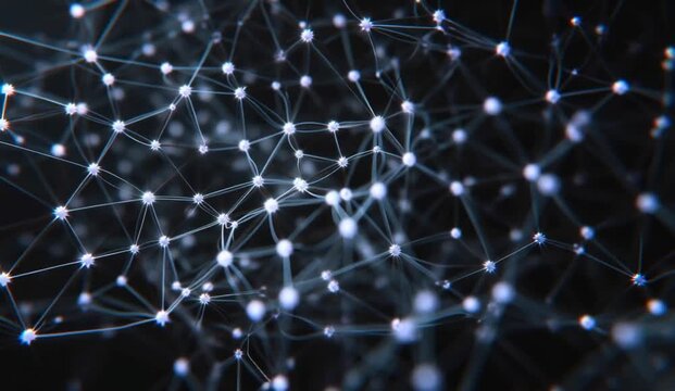 A delicate three-dimensional lattice made from extremely fine points of light continuously changes its connections as small quantum-inspired pulses move through the structure, elegant violet, blue 