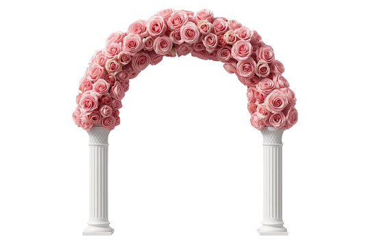 Dense pink rose arch on white columns