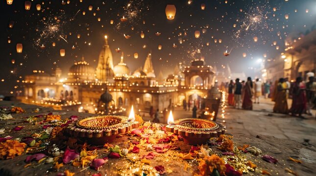 Diwali festival celebration with lit diyas and floating lanterns