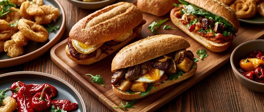 A delicious assortment of Spanish sandwiches (bocadillos) filled with roasted meat, potatoes, fried egg, and greens served on a wooden board alongside assorted tapas.