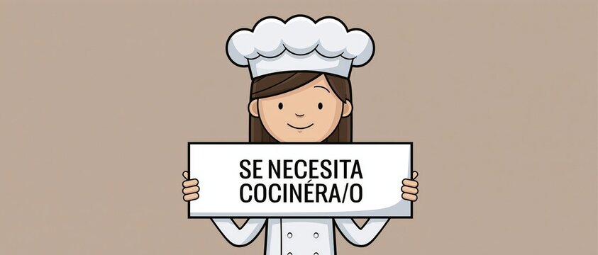 illustration of a cheerful female chef in white uniform and toque holding a blank rectangular banner with the Spanish text Se Necesita Cocinera for restaurant hiring, job vacancy, and recruitment anno