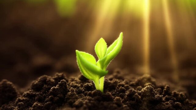 Slow motion tracking shot of seedling sprouting and growing in rich soil with warm golden sun rays at sunrise