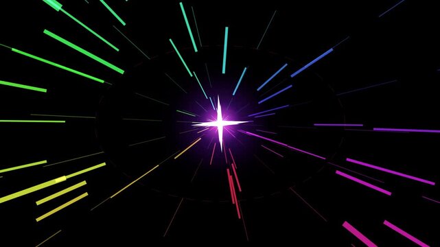 Vibrant rainbow light streaks exploding from a bright starburst center against a dark black