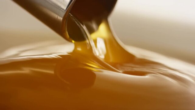 Slow motion close up of honey spoon pouring and spreading into bowl on white tabletop in studio kitchen