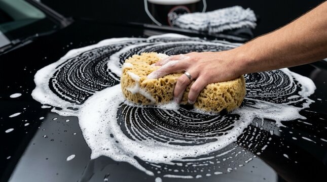 Person washing black car with soapy sponge detailing vehicle exterior