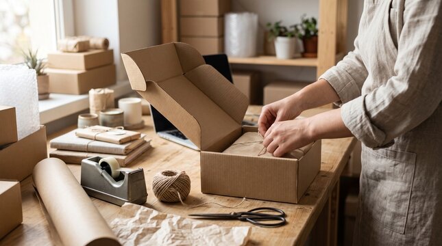 Small business owner packing a cardboard box for an online order in a workshop