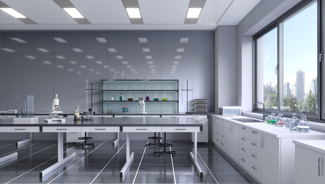 Modern laboratory workspace with microscope and chemical glassware and blurred background. 3d illustration