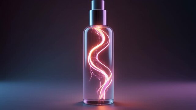 A transparent glass cosmetic spray bottle filled with a glowing pink neon energy wave.