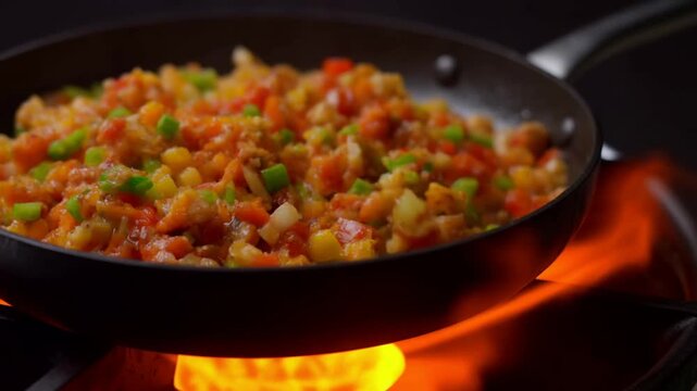 Tracking shot of vegetables being stirred and saut&eacute;ed in frying pan over open flame on stovetop in kitchen