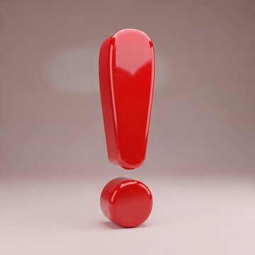 Glossy red exclamation mark symbol in 3D rendering.