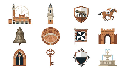Obraz premium Vector icon set of Siena landmarks and heritage symbols featuring Palazzo Pubblico, Torre del Mangia, Palio di Siena horse racing, Piazza del Campo architecture, and Tuscan cultural emblems.