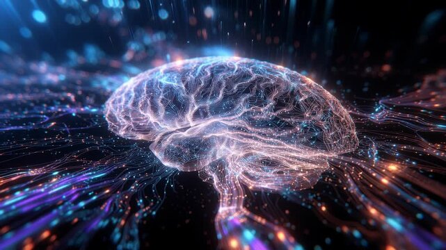 Glowing neural brain with luminous circuitry in neon digital style on a dark background, symbolizing cognition and technology