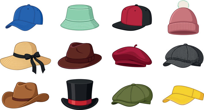 Men and Women Fashion Headwear Collection Vector Set Featuring Baseball Caps, Straw Sunhats, Cowboy Hats, Fedoras, Winter Beanies, and Beret Graphic Icons