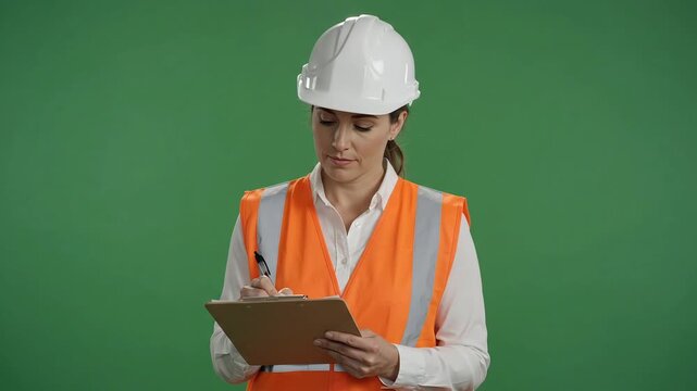 Female construction worker in hard hat and orange safety vest, writing on clipboard, turning to camera, then giving a thumbs-up gesture, isolated on a bright green screen background for easy keying