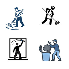 Fototapeta premium Cleaner Man Janitor Service Housekeeping Sweeping Mopping Line Art Vector Illustration Character Isolated White Background Stock Illustration