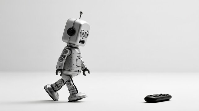 Toy robot walking away from remote control looking independent