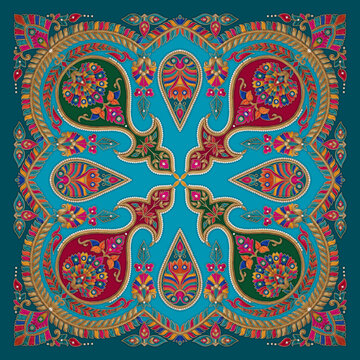 Teal and aqua blue traditional Indian paisley motif square pattern scarf design
