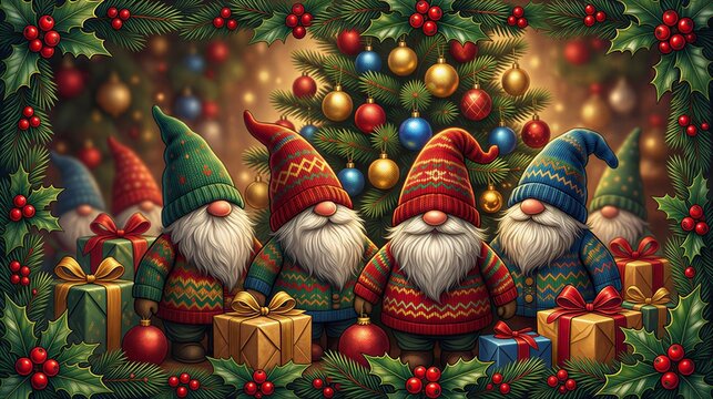 Four cheerful gnomes stand before a glowing Christmas tree, surrounded by gifts, ornaments and warm holiday colors in a cozy festive scene.