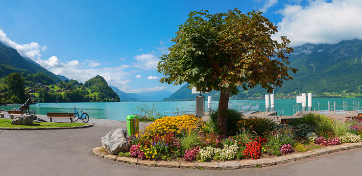 beautiful lakeside promenade Iseltwald with benches and flowers. destination Brienzersee