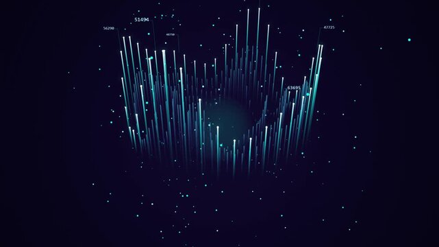 Futuristic 3D holographic telemetry cylinder rotating with glowing cyan data peaks, numeric callouts, and floating particles. Seamless motion graphic loop for financial tech broadcasts, scifi HUD over