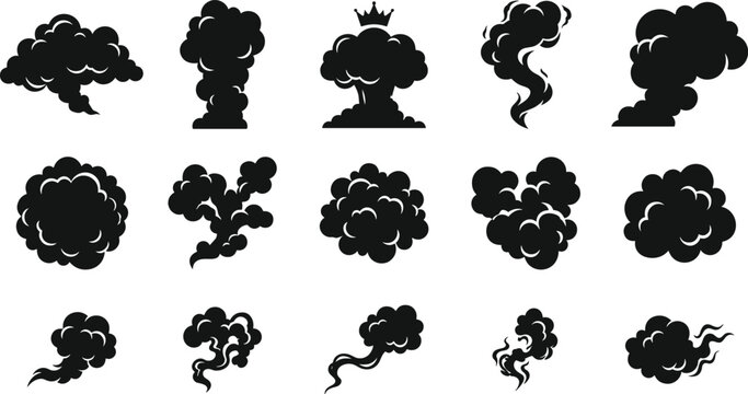 Set of black smoke cloud silhouettes and comic explosion puff shapes featuring dust trails, steam effects, mushroom clouds, and vapor blast graphic design elements