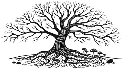 Fototapeta premium Graphic illustration of a bare tree with exposed roots and small mushrooms on the ground