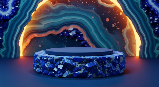 Glowing blue mineral crystal formation displayed against a colorful abstract background