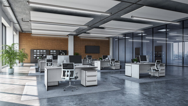 Modern office room with working tables 