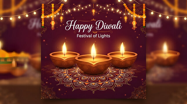 Glowing oil lamps placed on a decorated surface for happy diwali festival of lights