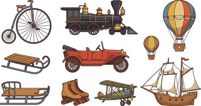 Vintage retro transportation set featuring penny farthing bicycle, steam locomotive train, classic car, hot air balloon, biplane, sailboat, sled, and roller skates vector illustrations.