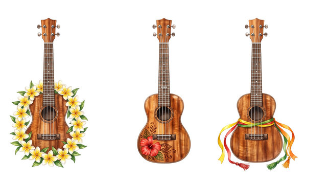 cutout art pins Watercolor Tradition Watercolor art set of three Hawaiian Ukuleles made of koa wood decorated with plumeria leis ribbons and hibiscus paintings