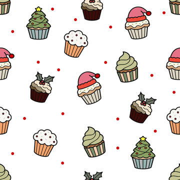 Colorful Christmas Cupcake Pattern Background, Festive Holiday Dessert Seamless Design