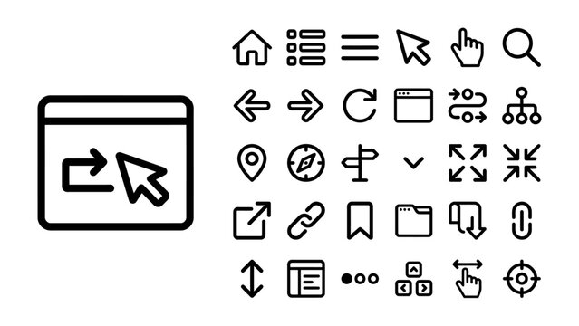 Web Navigation Icons Set: A collection of sleek, modern vector icons representing common web navigation elements, perfect for interface design and user experience.