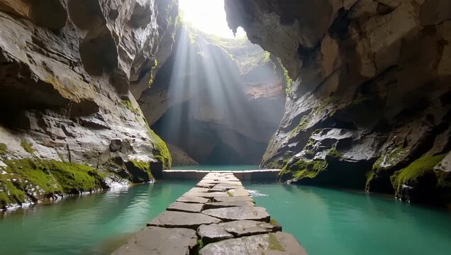Towering hollowed-out rock chamber and emerald green pool inside Changyu Dongtian Quarry Zhejiang.