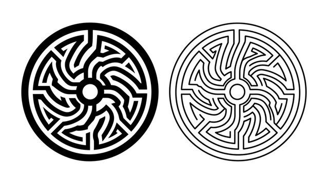 Celtic Knot Symbol with Maze Pattern: A circular design featuring intricate Celtic knotwork intertwined with a stylized maze pattern, presented in both solid black and outlined versions.