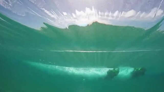 A turquoise ocean wave rolls toward the camera and creates an immersive tropical water transition.