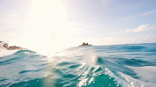A turquoise ocean wave rolls toward the camera and creates an immersive tropical water transition.