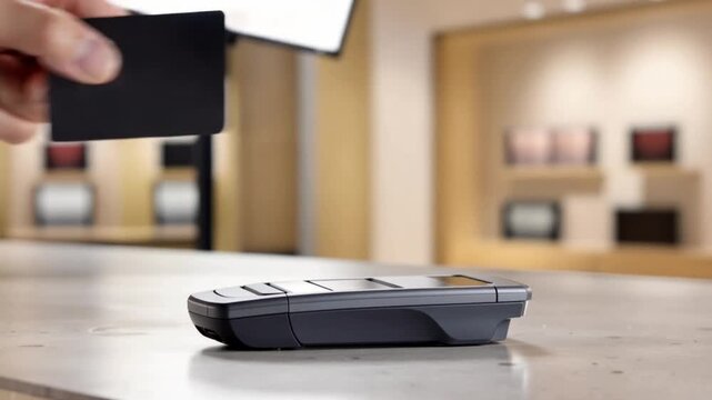 A hand makes a contactless card payment in a clean modern fintech and retail scene.