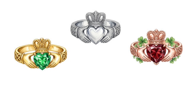 different art Watercolor Tradition Watercolor illustration set of three Celtic Claddagh rings crafted in gold silver and bronze featuring hands holding a crowned heart