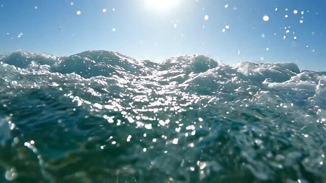 A turquoise ocean wave rolls toward the camera and creates an immersive tropical water transition.