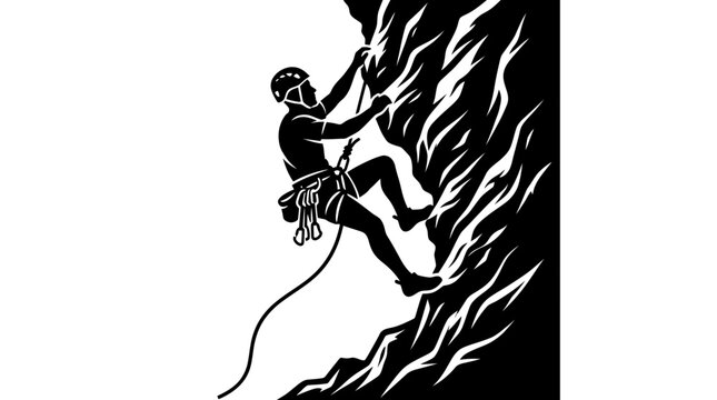 Bold black silhouette illustration showing an active rock climber scaling a steep mountain face with gear