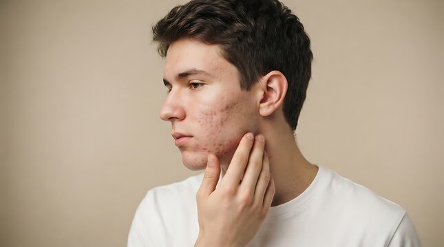 Young man touching his face with acne and skin problems