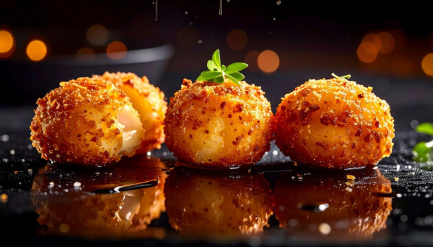 Fried non bread with glossy oil surface fine dining dark moody photography