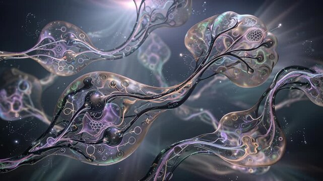 Iridescent organic tendrils with cellular motifs in a luminous cosmic space, dreamy digital artwork evoking biotech evolution