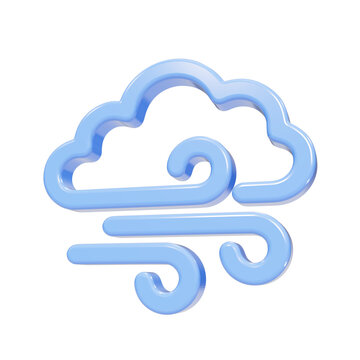 Blue glossy 3D weather icon of wind and cloud on black background
