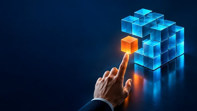 Hand assembling a structure of blue digital cubes with one glowing orange piece representing missing solutions